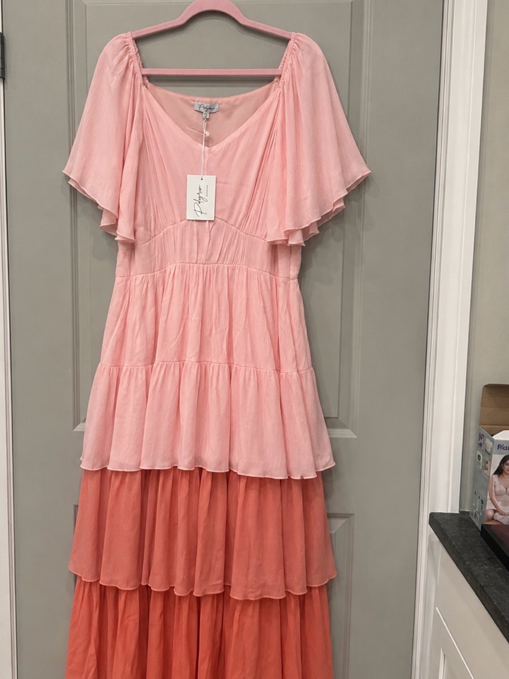 POLAGRAM Short Flutter-sleeve  Blush to Coral Tiered Maxi Dress Size 1XL - Picture 4 of 5